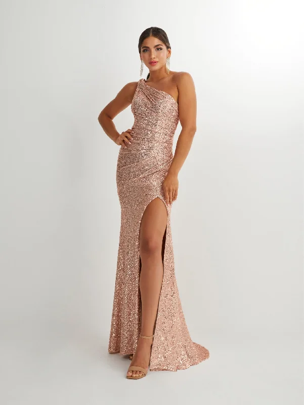 trendy evening dress for summer -Fitted Sequin One Shoulder Slit Gown by Studio 17 12906