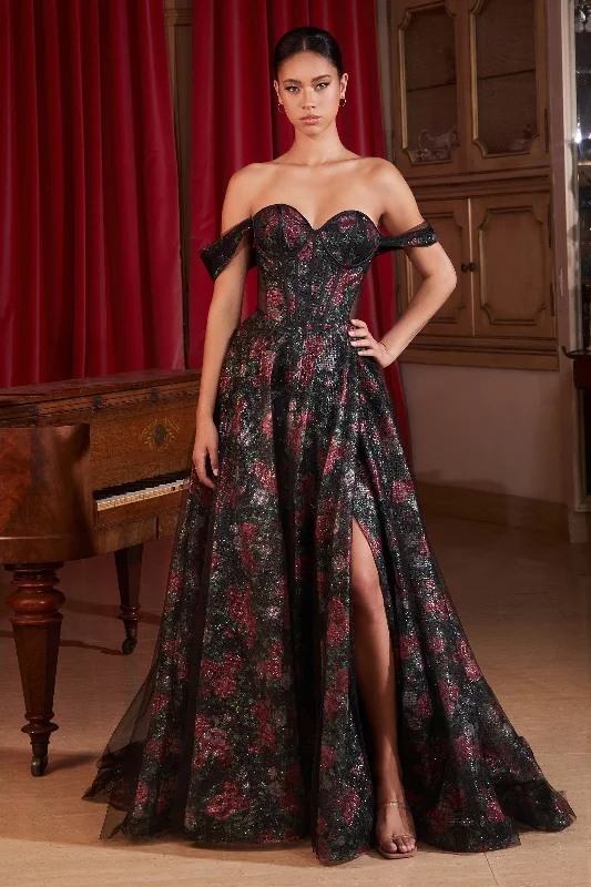 trendy evening dress for summer -Floral Print Off Shoulder Corset Slit Gown by Ladivine CD806