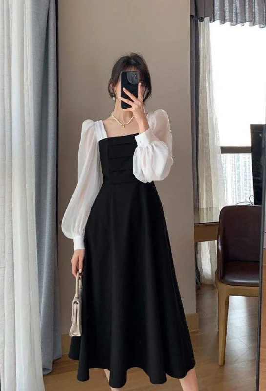 cute evening dress for women -French Contrast Color Patchwork Square Neck Puff Sleeve Prom Dress cc604