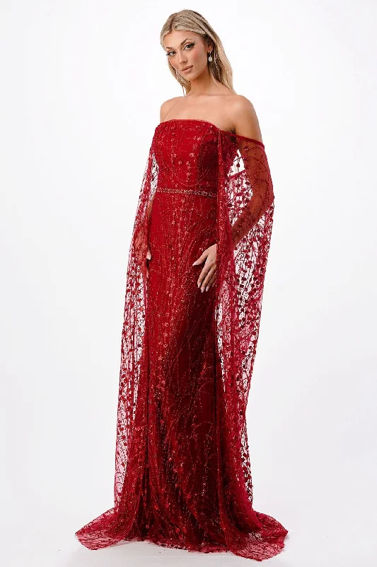 evening dress with floral lace -Glitter Off Shoulder Cape Mermaid Dress by Coya P2300