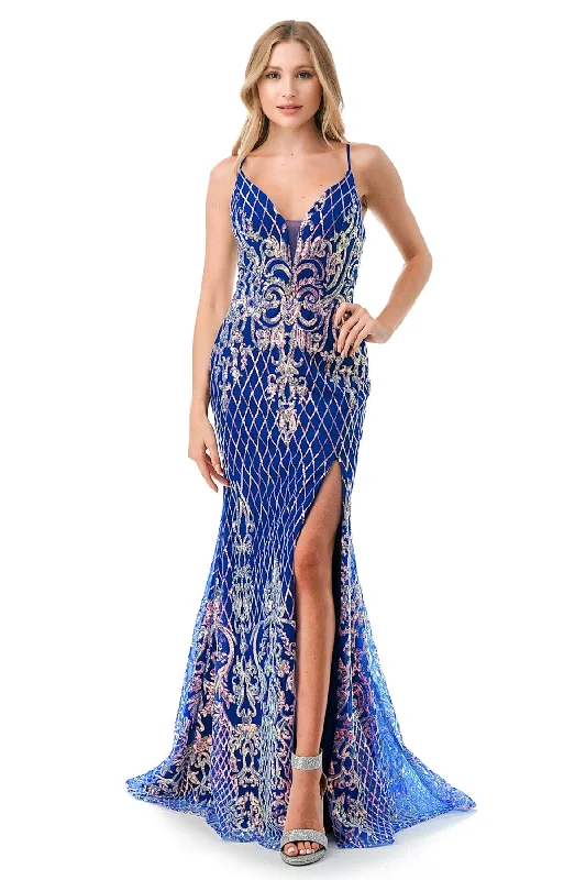 cute evening dress for women -Glitter Print Fitted Lace-Up Back Gown by Coya L2692