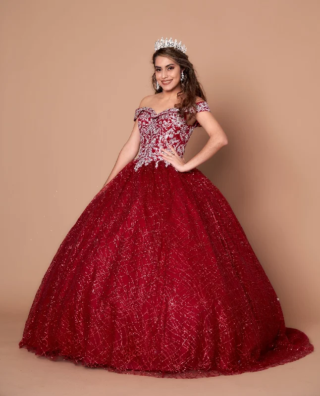 red evening dress for girls -Glitter Print Off Shoulder Ball Gown by Calla WB20509