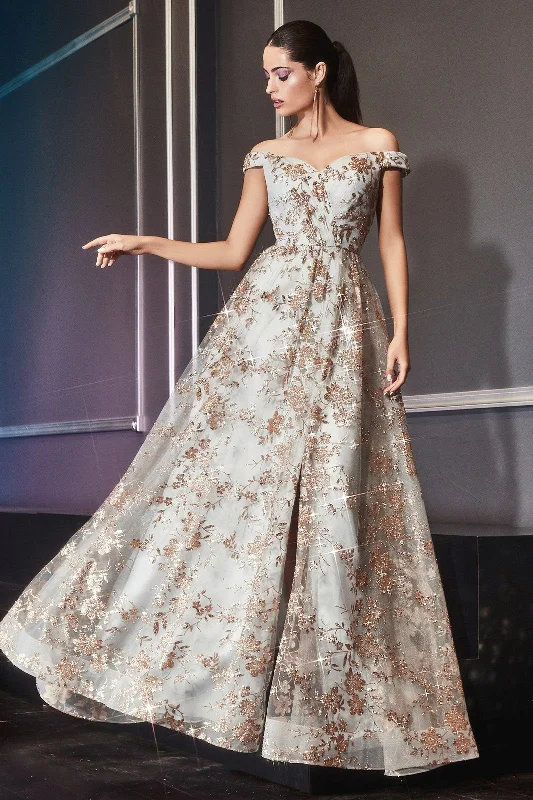 evening dress with unique sleeves -Glitter Print Off Shoulder Gown by Cinderella Divine CB069