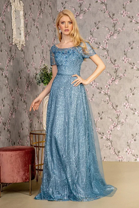 evening dress with unique patterns -Glitter Print Short Sleeve A-line Gown by GLS Gloria GL3493