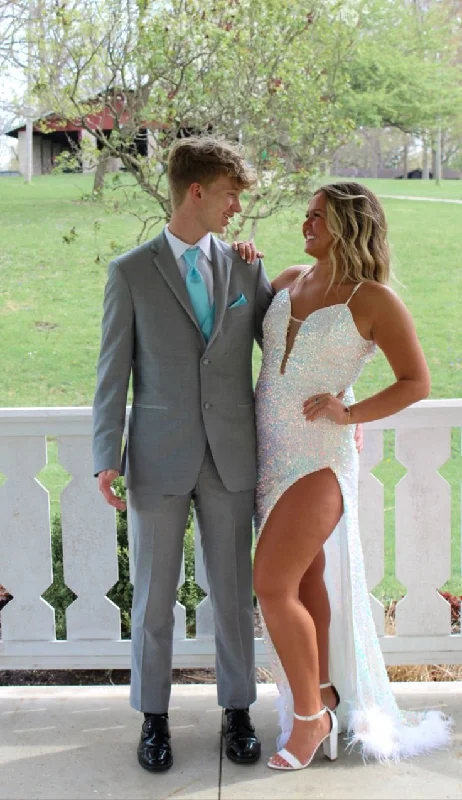 elegant evening dress for sale -Glitter White Sequins Prom Dress With Hem Feathers  cc807