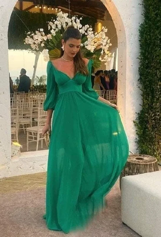 cute evening dress for women -Green A-line Prom Dress Long Sleeves Fashion Evening Dress cc832