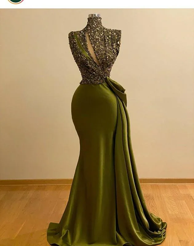 black evening dress for women -Green Crystal Beaded Vintage Mermaid Prom Dresses High Neck Evening Gown Saudi Arabic Long Formal Party Gown cc489