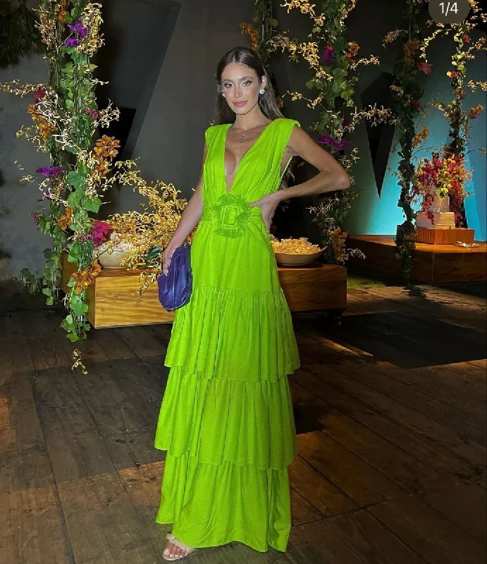 floral evening dress for events -Green Deep V Neck Long Prom Dress,Green Multi-layered Evening Dress cc826