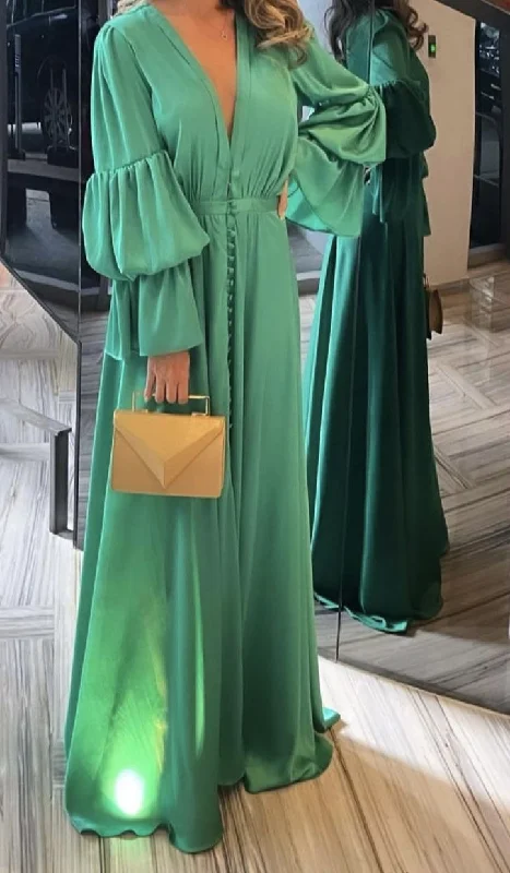 chic evening dress for teens -Green Long Sleeves V Neck Prom Dress,Green Formal Gown cc725