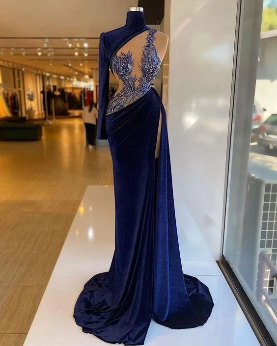 evening dress with unique ruffles -High Neck Velvet Prom Dress, Unique Evening Dress cc490