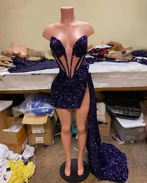 elegant evening dress for spring -Hot Sale Sparkly Purple Sequin Party Dress Sleeveless Real Picture African Black Girl Short Prom Dresses c3144