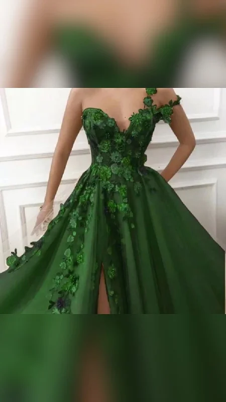 elegant evening dress for sale -Irregular Shoulder Straps Emerald Green Prom Dress  Flowers Appliques Evening Dress cc418