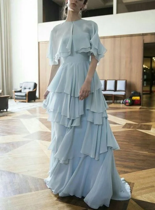 evening dress with unique ruffles -Light blue long prom dress, fashion evening dress cc560