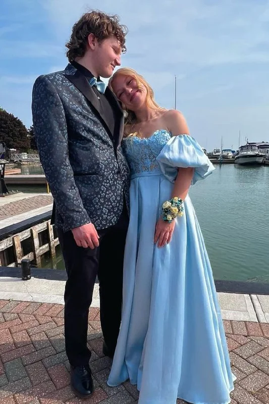 affordable evening dress for teens -Light Blue Sweetheart Long Prom Dress with Detachable Sleeves cc938