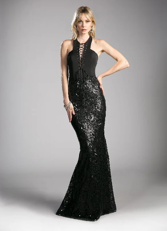 simple evening dress for women -Sequined Long Black Halter Dress by Cinderella Divine 62495