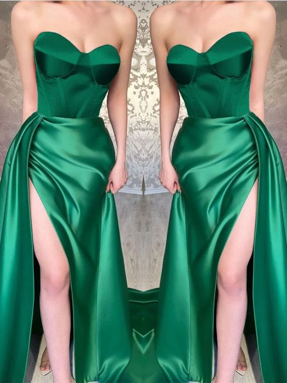 black evening dress for girls -Long Emerald Green Corset Satin Prom Dress With Leg Slit c2792