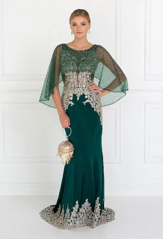 evening dress with floral design -Long Mermaid Cape Dress with Embroidery by Elizabeth K GL1595