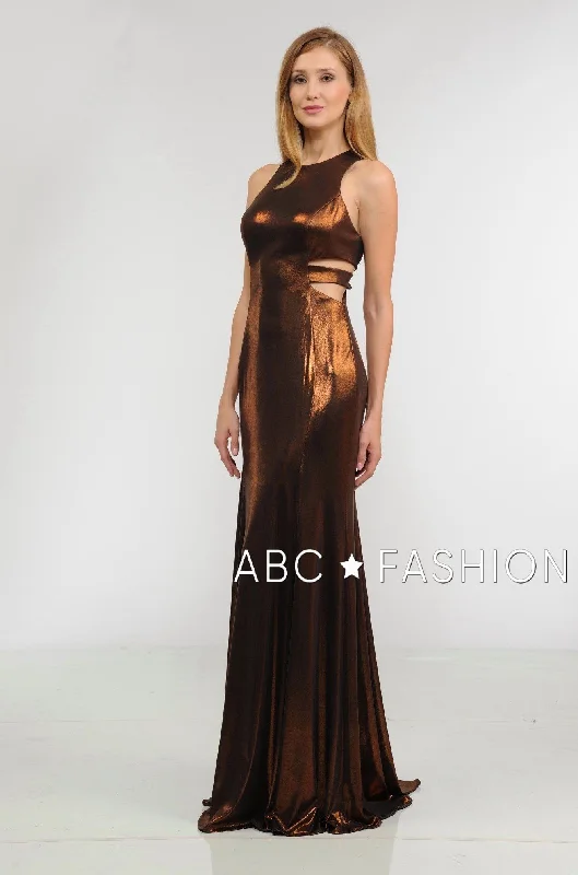 elegant evening dress for events -Long Metallic Foil Dress with Side Cutouts by Poly USA 8270