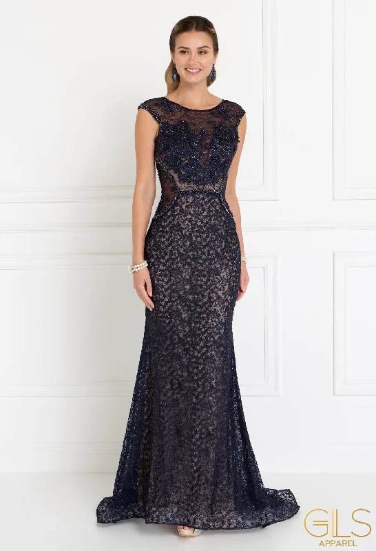 elegant evening dress for women -Long Cap Sleeve Lace Dress by Elizabeth K GL1531