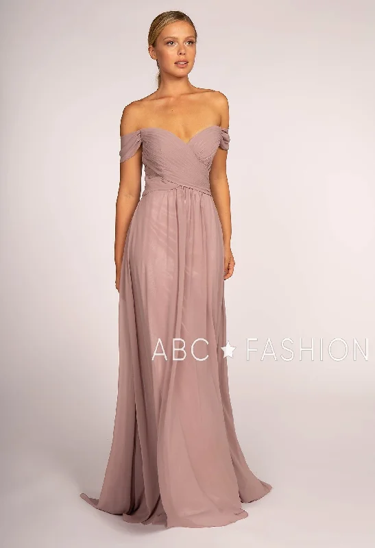 evening dress with unique sleeves -Pleated Long Off Shoulder Chiffon Dress by Elizabeth K GL2550