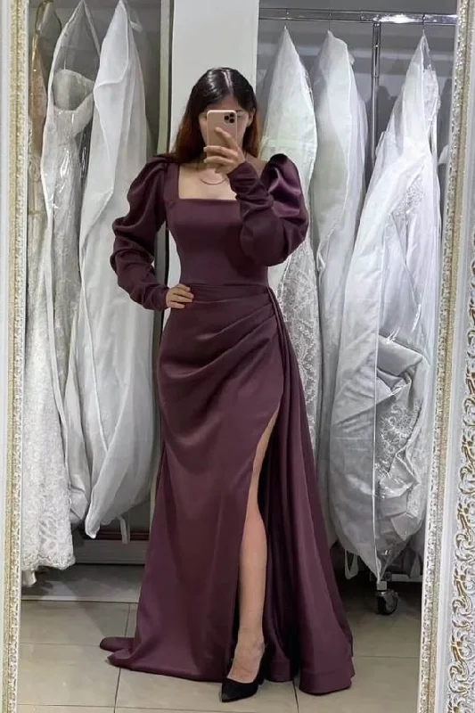 elegant evening dress for women -Long Puff Sleeves Mermaid Prom Dress With Split cc916