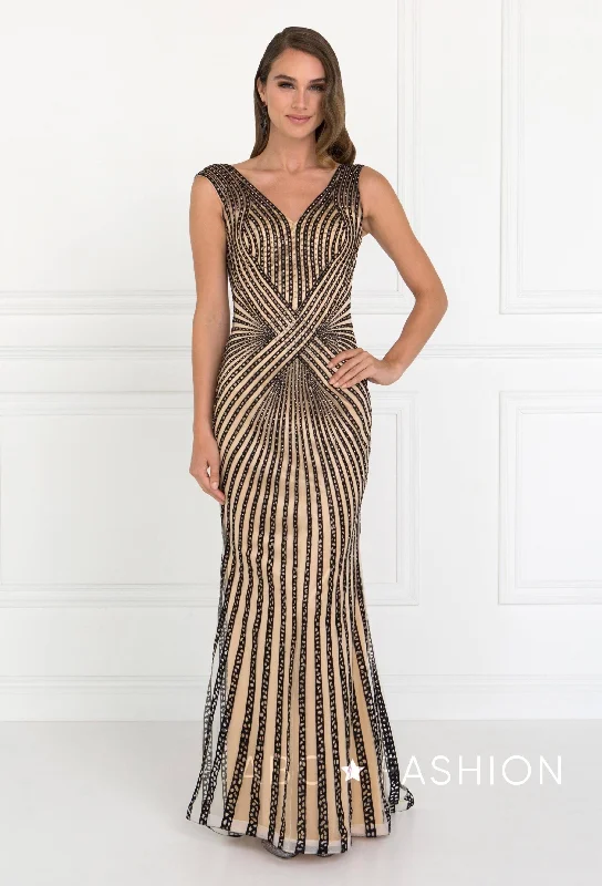 long evening dress for prom -Long Sleeveless Beaded V-Neck Dress by Elizabeth K GL2053