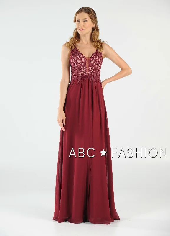 grey evening dress for evening -Long V-Neck Chiffon Dress with Lace Appliques by Poly USA 8012