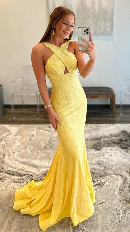 affordable evening dress for spring -Luxurious Yellow Backless Mermaid Prom Dress,Yellow Evening Dress cc779