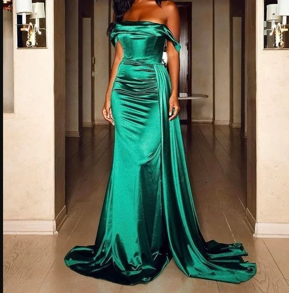 affordable evening dress for summer -Mermaid Green Satin Elegant Simple Party Long Prom Dresses, Evening Dress cc243