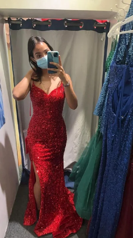 sexy evening dress for spring -Mermaid Red Sequins Long Prom Dress With Side Slit cc384