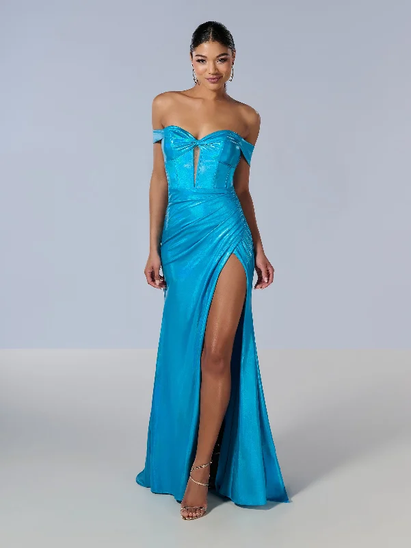 sexy evening dress for teens -Metallic Off Shoulder Slit Gown by Tiffany Designs 16186