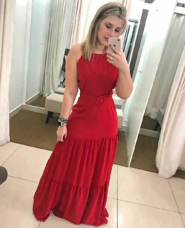 evening dress with chic design -Modest Red Sleeveless Long Prom Dress,Red Formal Gown cc774