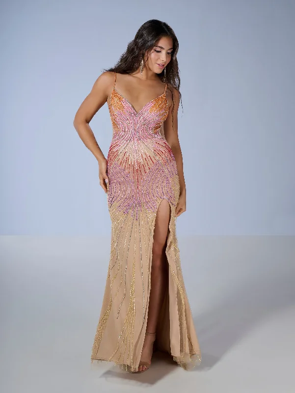 evening dress with unique patterns -Multicolor Beaded Fitted V-Neck Gown by Tiffany Designs 16225