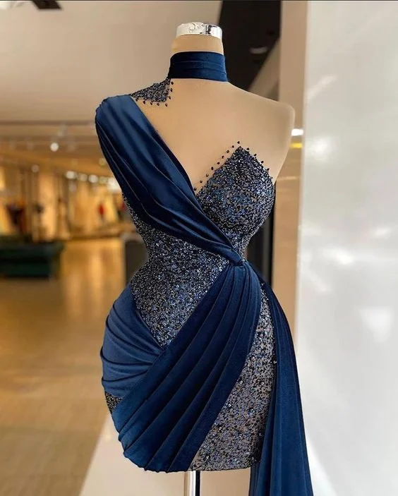 black evening dress for women -Navy Blue Velvet Sparkly Short Formal Train One Shoulder Short Prom Dresses Pleated Evening Gowns Sexy Party Dress c3075