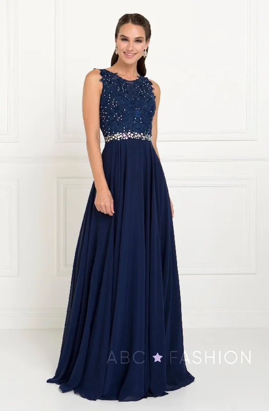 affordable evening dress for spring -Long Applique Chiffon Dress by Elizabeth K GL2417