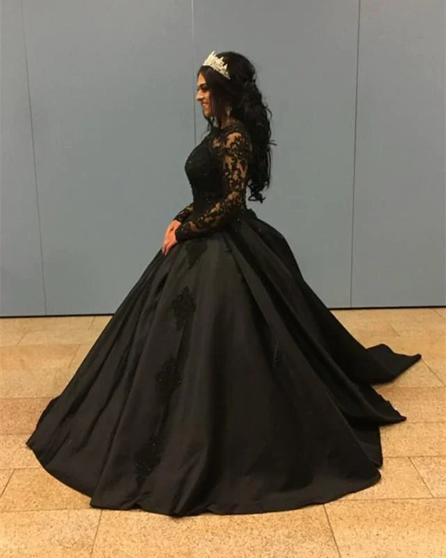 affordable evening dress for date -New Arrival Black Long Sleeves Satin Ball Gown Prom Dresses With Appliques cc460