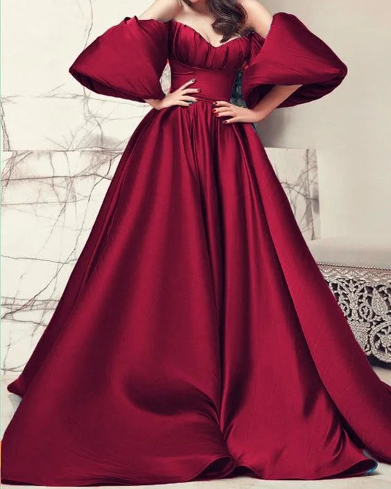 cheap evening dress for teens -New Puffy Sleeves Prom Dresses Satin Long c2796