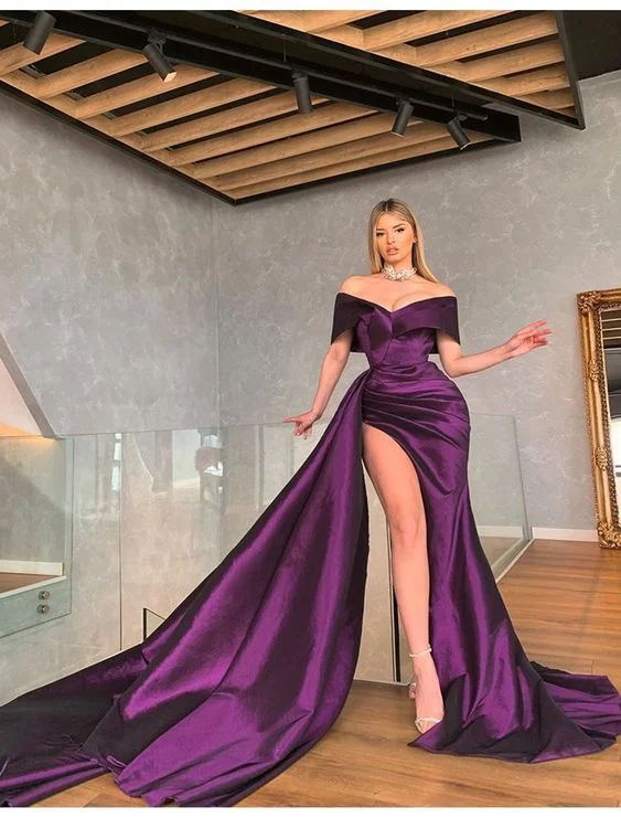 white evening dress for summer -Off Shoulder Mermaid Purple Satin Long Party Prom Dresses with Slit  cc181