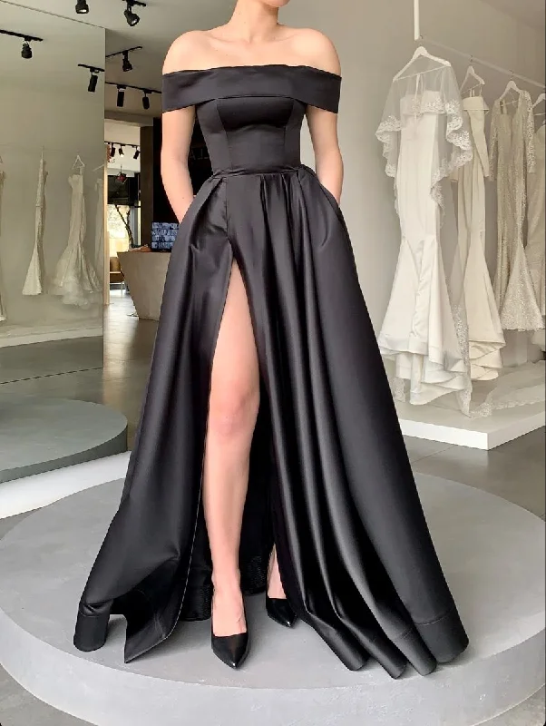 affordable evening dress for club -Off Shoulder Satin Evening Dress for Wedding High Slit Long Formal Dress Elegant A Line cc627