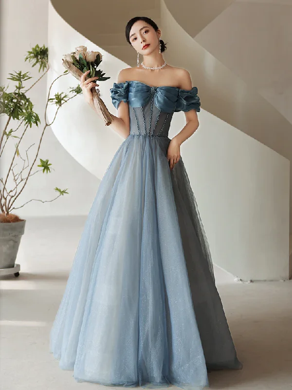 formal evening dress plus size -Fashion Women Evening Dress Floor Length Grey Blue Boat Neck Elegant A Line Dress Long Prom Dress cc64