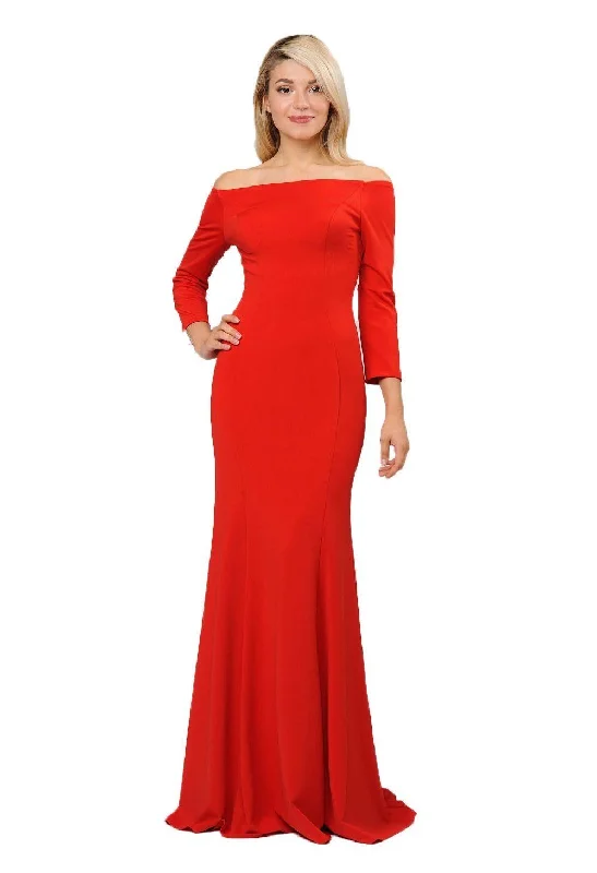 simple evening dress for women -Off the Shoulder Gown with Long Sleeves by Poly USA 8378