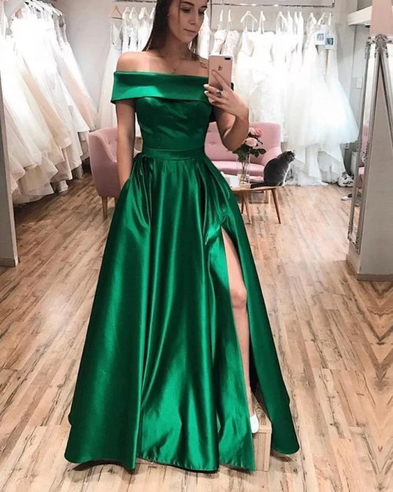 elegant evening dress for date -Off the Shoulder Hunter Green Prom Dress, Long Evening Party Formal Gowns cc240