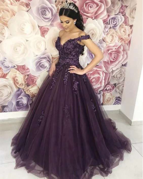 evening dress for formal events -Glamorous Floral Prom Dress Ball Gowns Off-the-shoulder with 3D Flowers Formal Dresses for Women Lace Up Back Engagement Party Dresses cc03