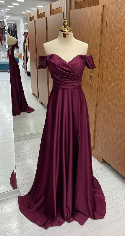 evening dress with floral lace -Off The Shoulder Satin Long Prom Dress,Graduation Dress cc502