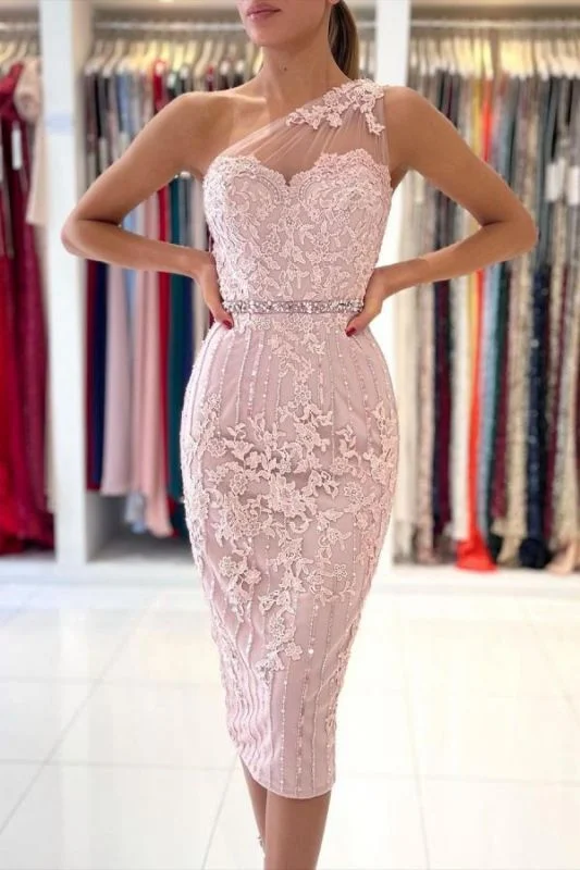 chic evening dress for summer -One Shoulder Light Purple Mermaid Short Prom Dresses With Lace Appliques c3165