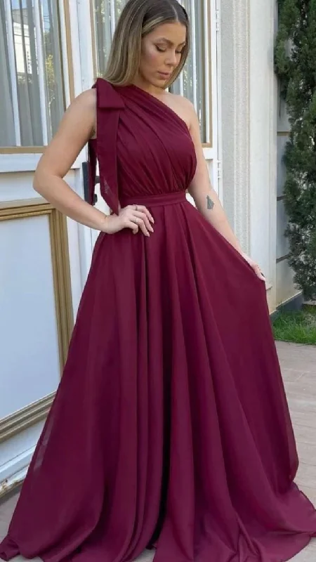 affordable evening dress for teens -One Shoulder Maroon Chiffon Long Prom Dresses, One Shoulder Formal Evening Dresses cc783