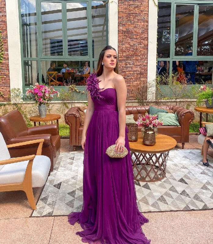 evening dress with floral design -One Shoulder Purple Long Prom Dress,Wedding Guest Dress cc527