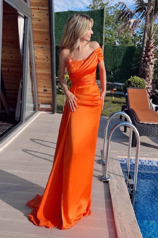 elegant evening dress for nightlife -Orange One Shoulder Beadings Prom Dress Mermaid Ruffles With Split cc672