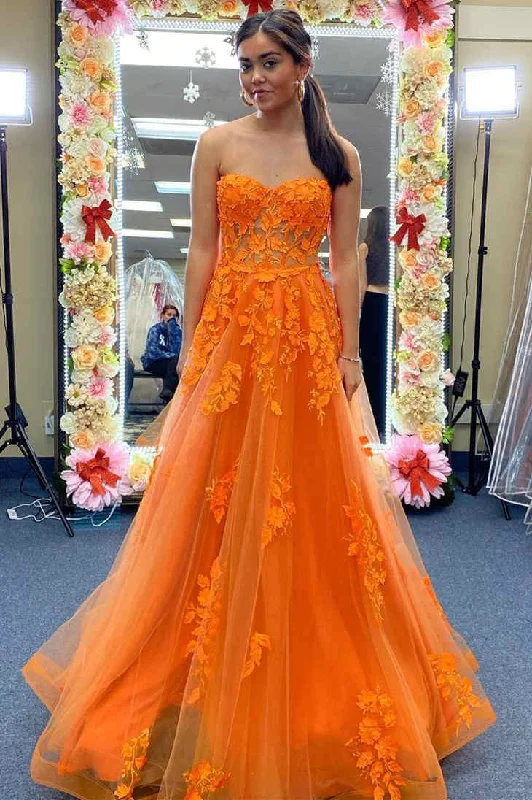 cute evening dress for women -Orange Strapless A-Line Prom Dress with Appliques cc453