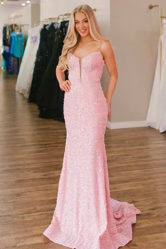 white evening dress for summer -Pink Sequin Split Neck Mermaid Long Prom Dress cc782